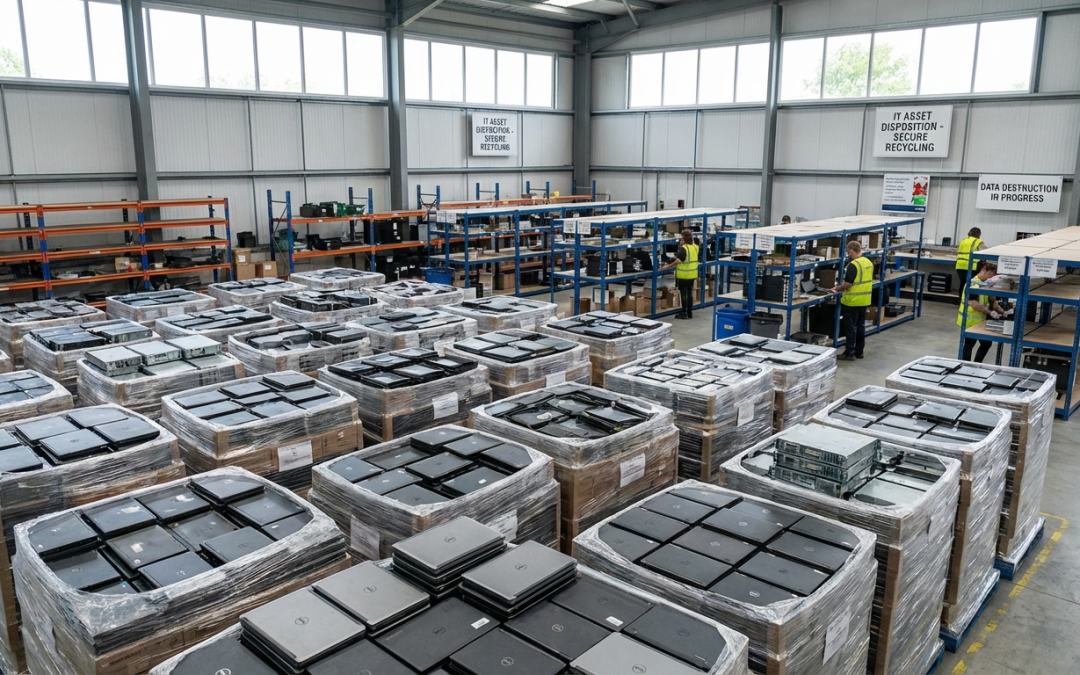 Rows of decommissioned laptops and servers organised in an IT asset disposition warehouse for secure recycling